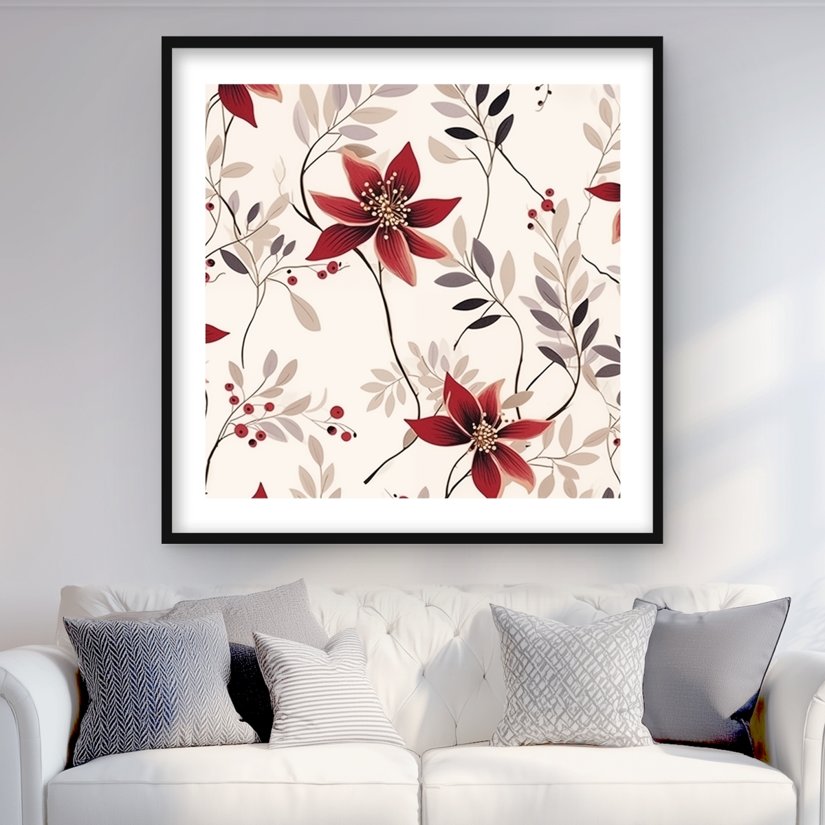 C1FM3636AND4UA 36 x 36 in. Red Flower Pattern White Framed Matted Print for Home Decor
