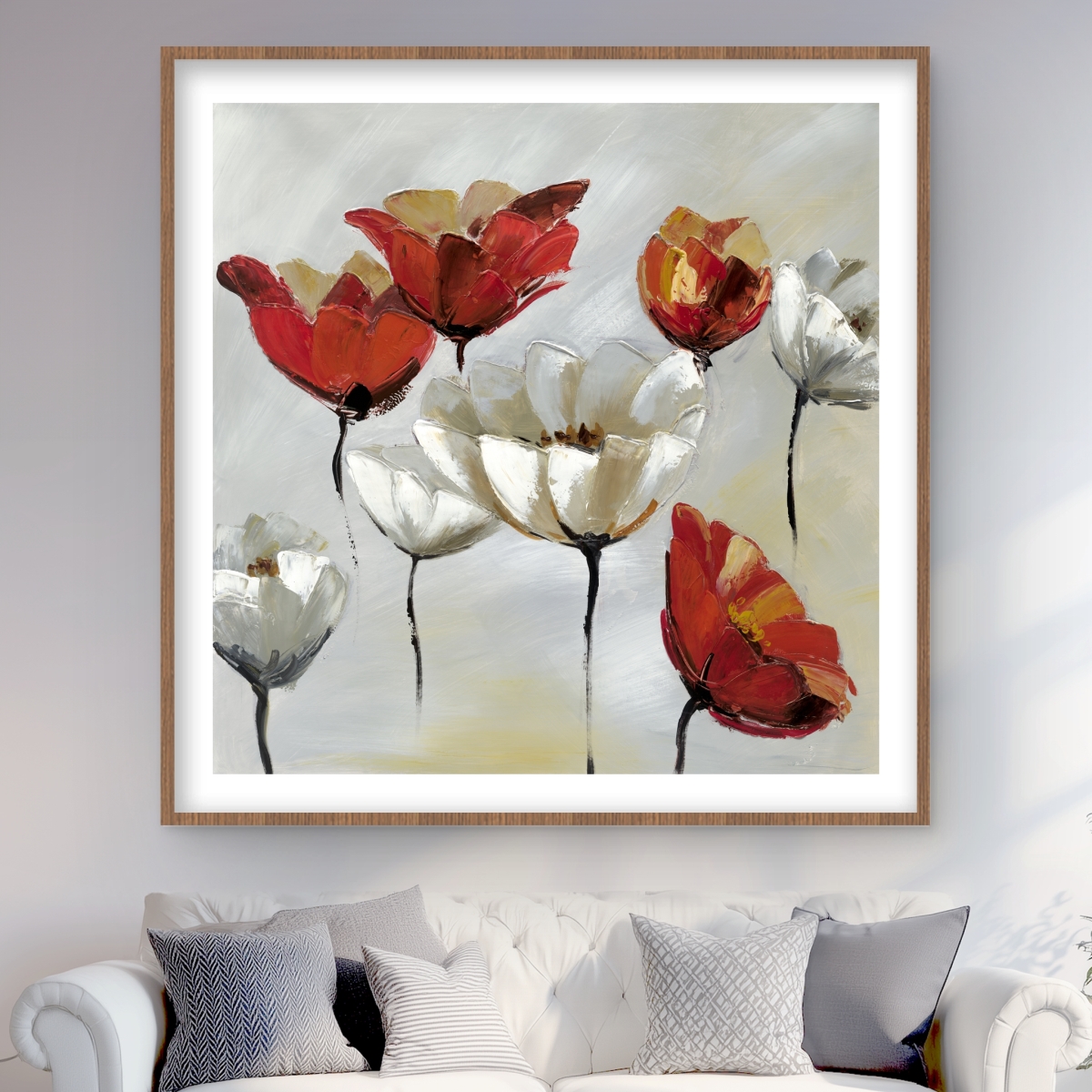 C1FM4848W5T3S8 48 x 48 in. Abstract Red & White Flowers - Beige Floral Framed Print