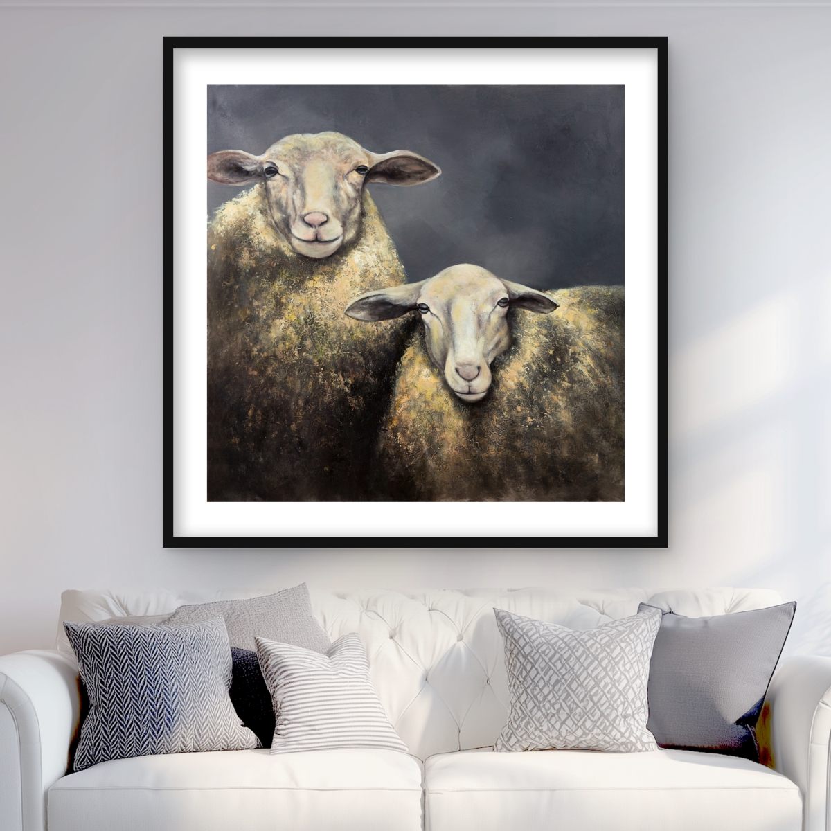 C1FM3636CLBGXT 36 x 36 in. Two Sheeps - Gray Animals Framed Matted Print for Home Decor