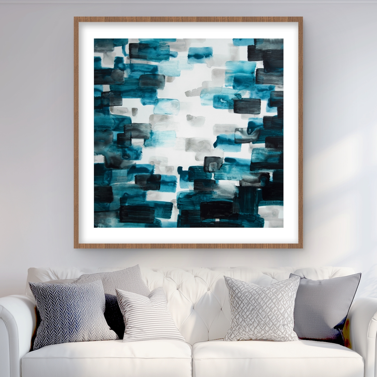 C1FM3636CNFF8T 36 x 36 in. Turquoise & Gray Squares - Kitchen Gray Framed Print Decor