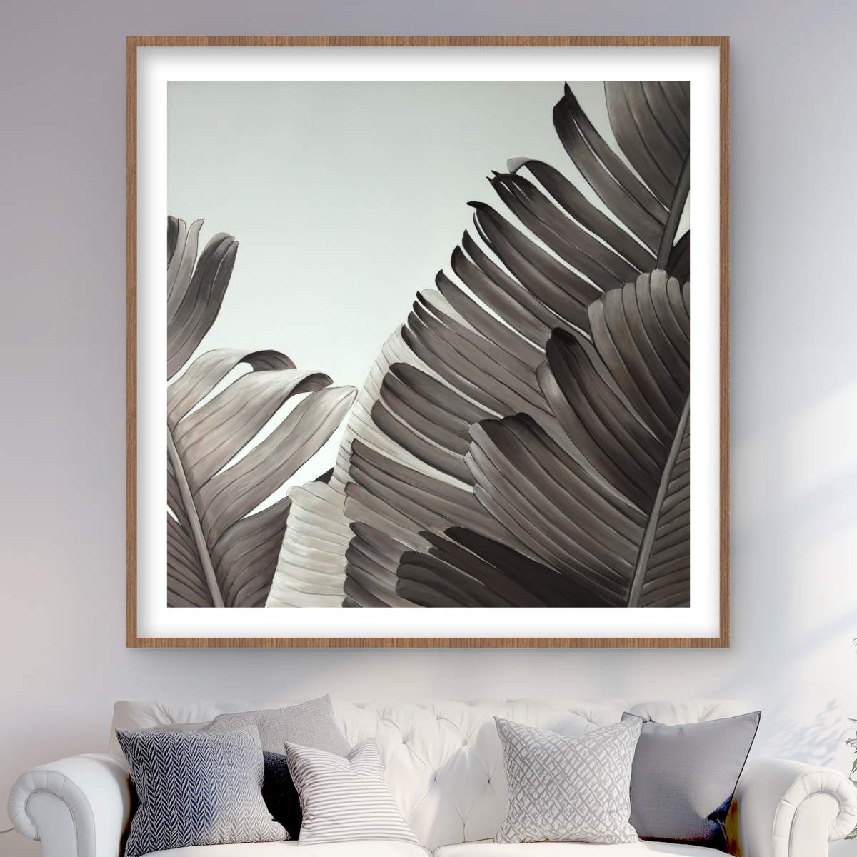 C1FM4848QU7IOF 48 x 48 in. Grayscale Tropical Leaves - Exotic Framed Botanical Print