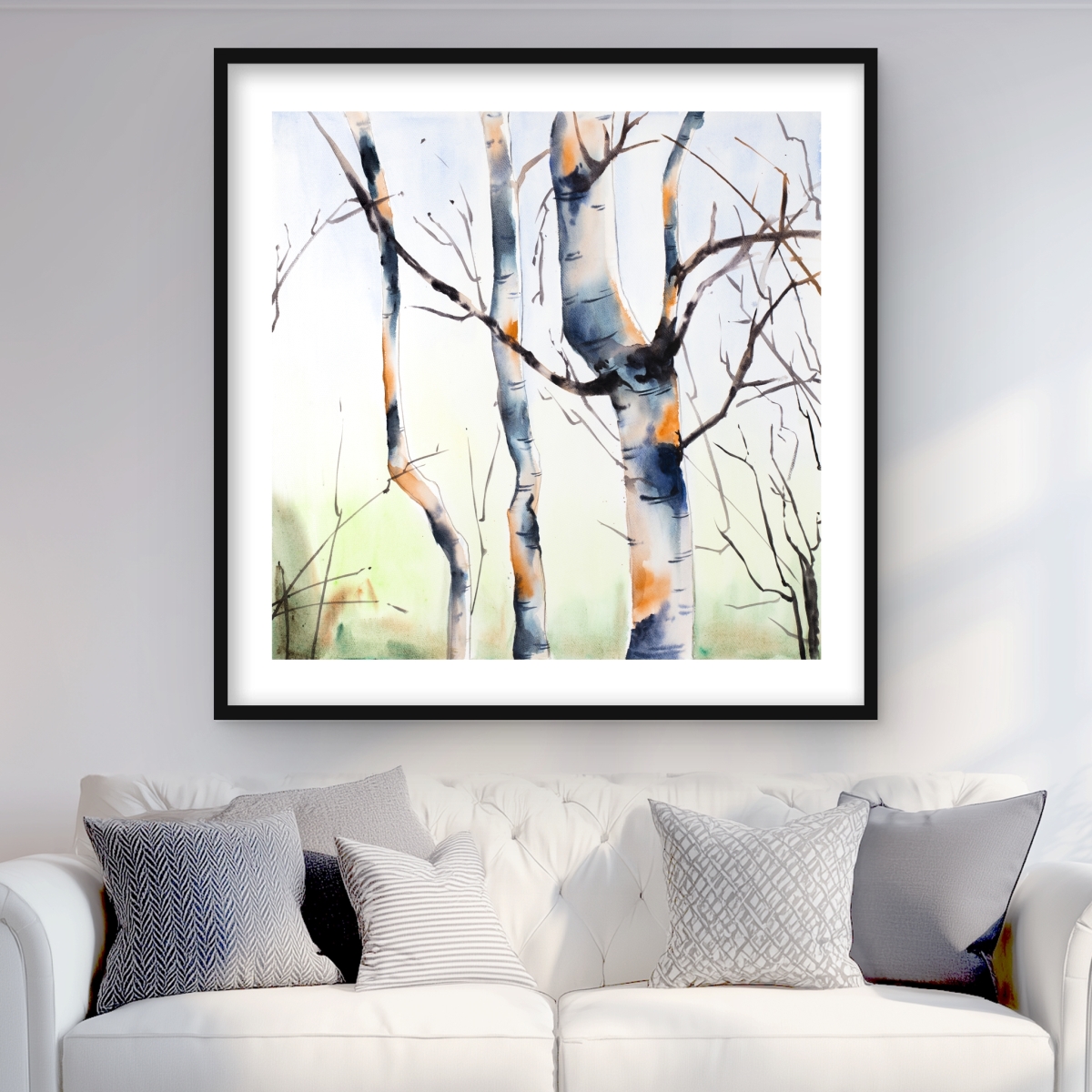C1FM3636YKM8VG 36 x 36 in. Three Small Birch Trees - Orange Framed Matted Print Decor