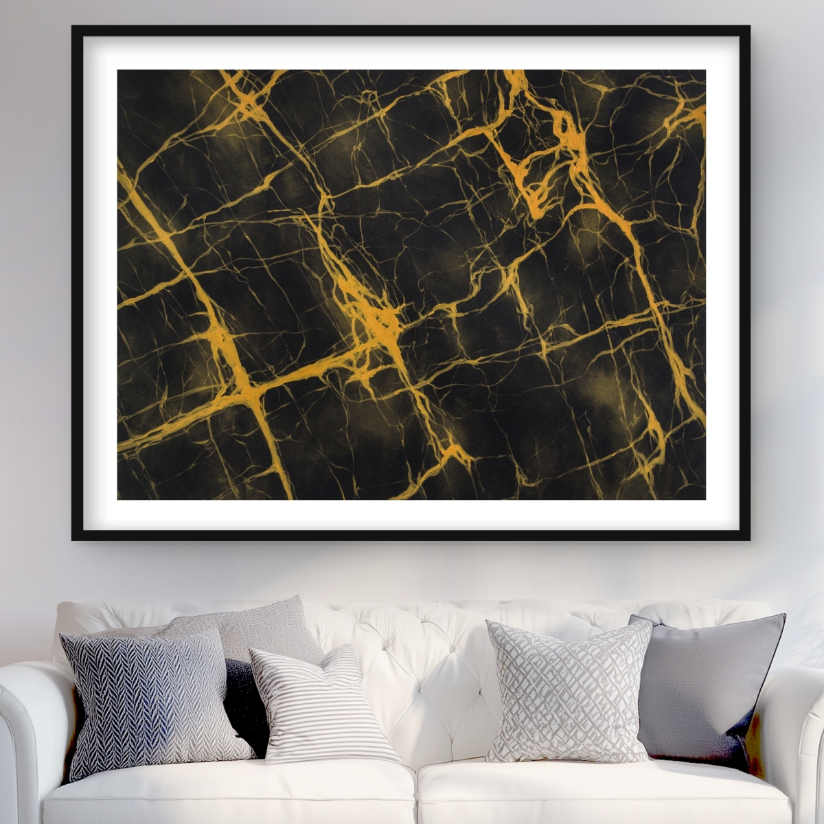 C1FM3648T3BKDF 36 x 48 in. Black & Gold Marble - Modern Pattern Framed Matted Print
