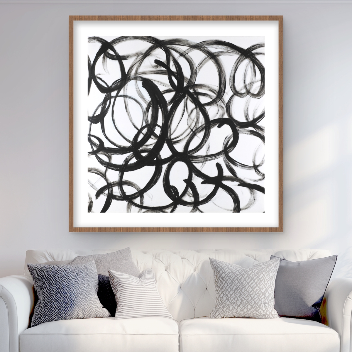 C1FM363686V6Z4 36 x 36 in. Abstract Curly Lines - White Framed Matted Print for Decor