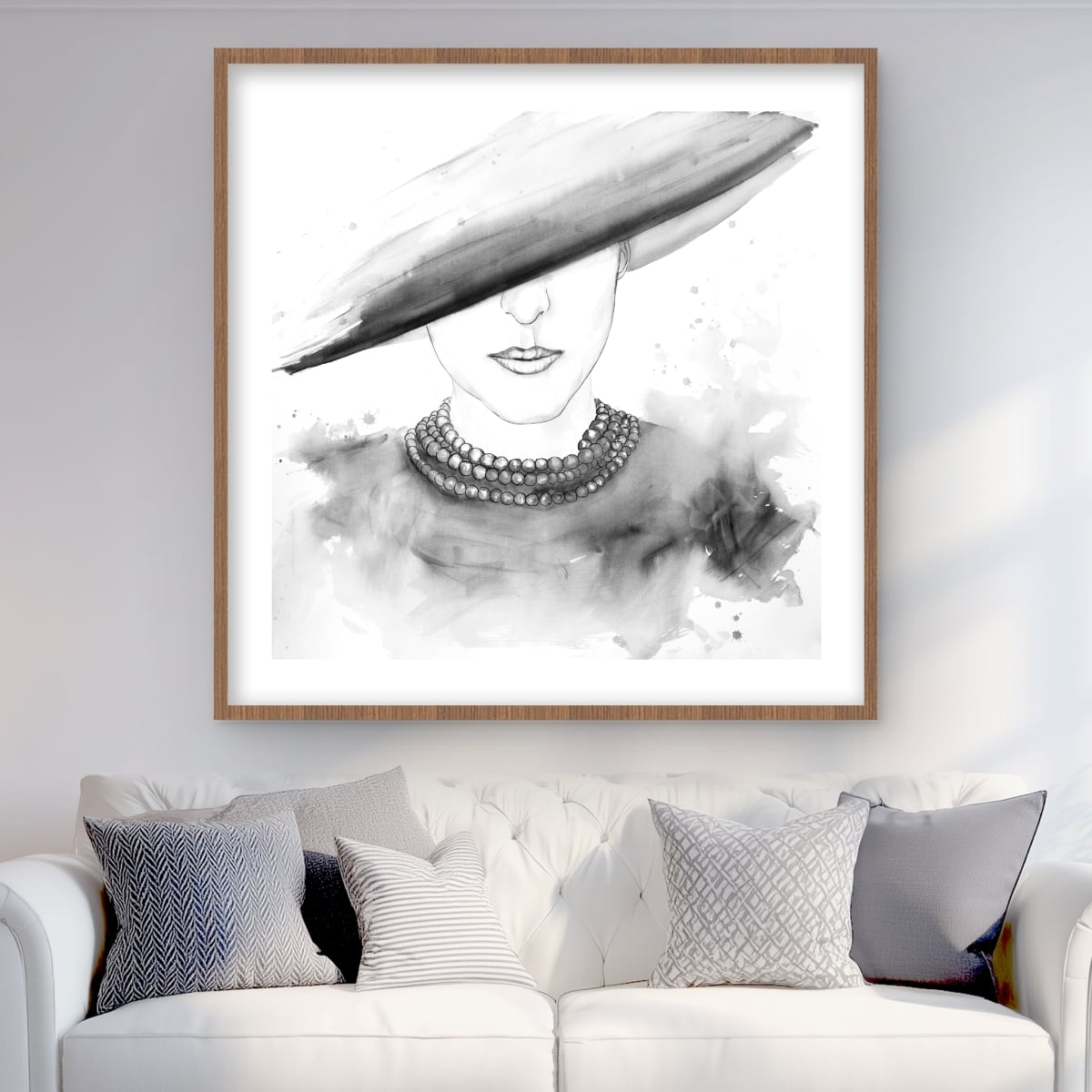 C1FM3636AWD1UH 36 x 36 in. Mysterious Lady with A Hat - Black & White Framed Print