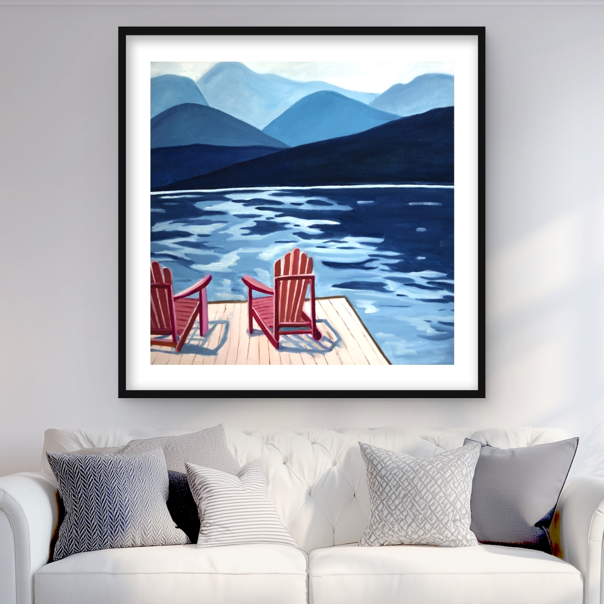 C1FM3636EVS5UV 36 x 36 in. Lake Dock Mountains Chairs - Coastal Office Framed Print