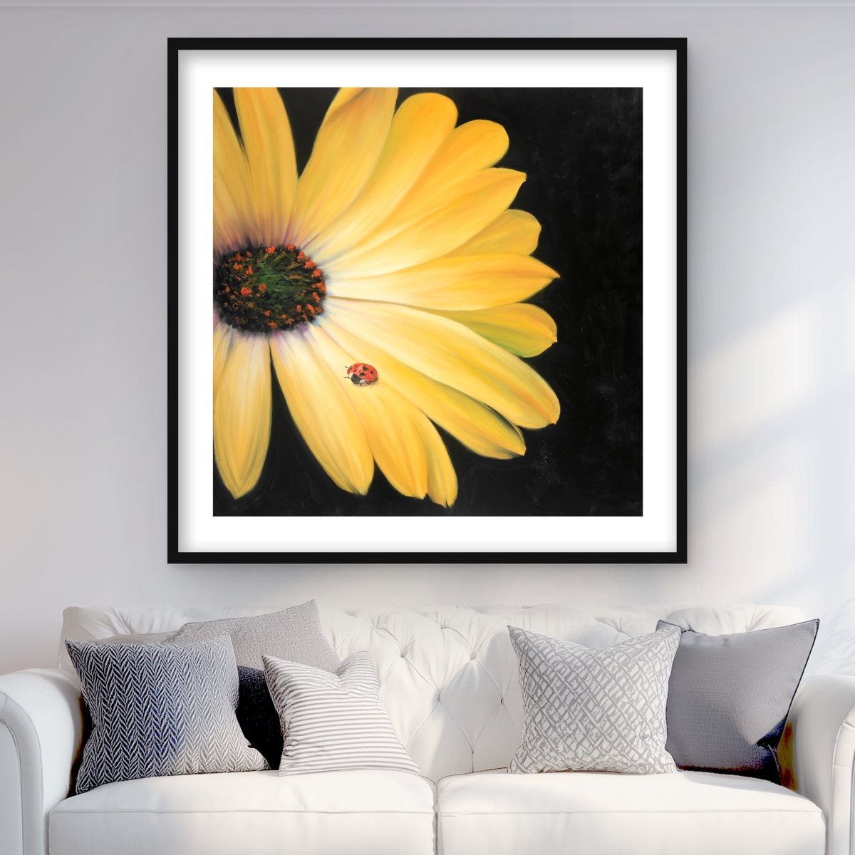C1FM3636FZYTY4 36 x 36 in. Yellow Daisy & Ladybug - Framed Matted Print - Home Decor