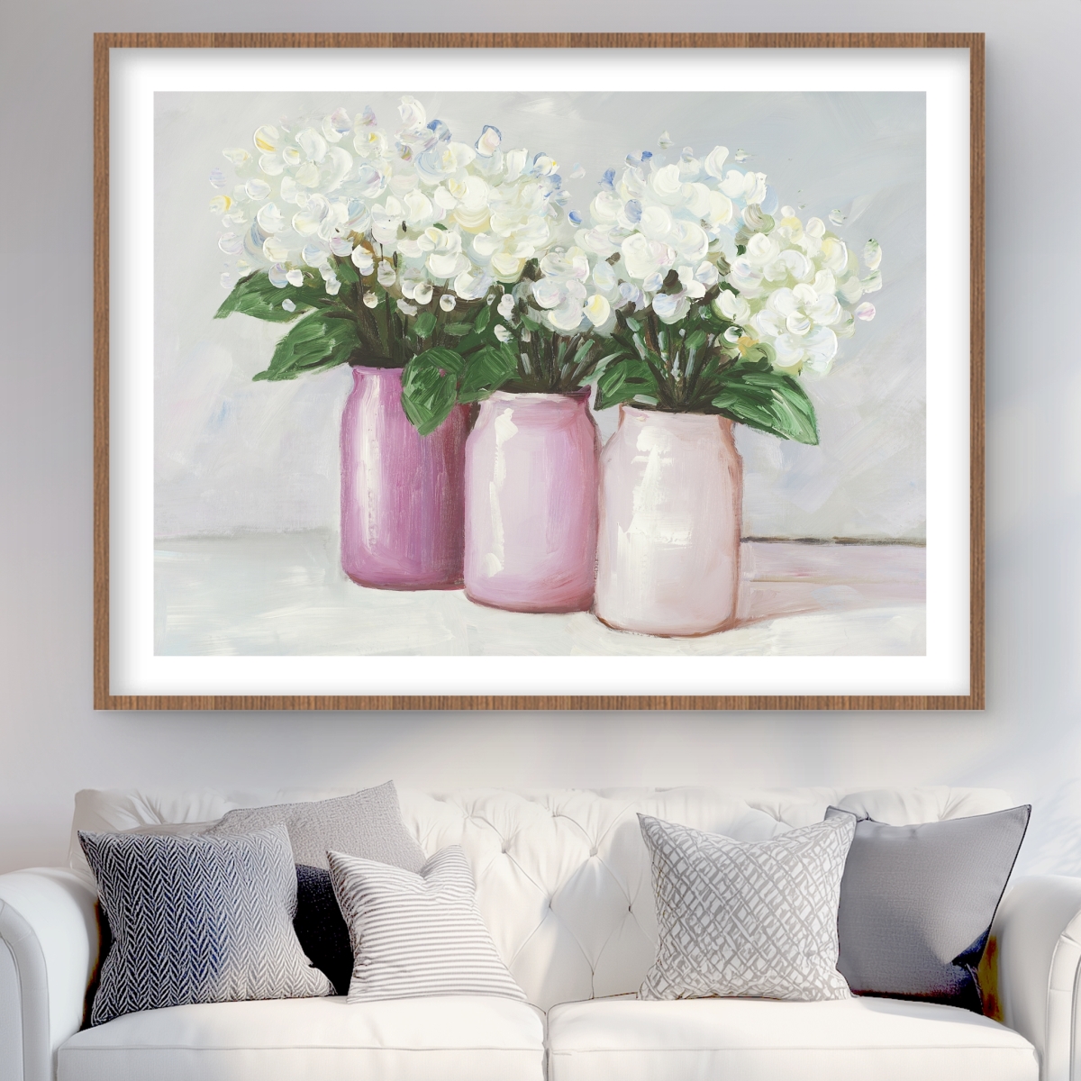 C1FM3648A7XVV0 36 x 48 in. Hydrangea Flowers in Pink Vases - Romantic Still Life Print