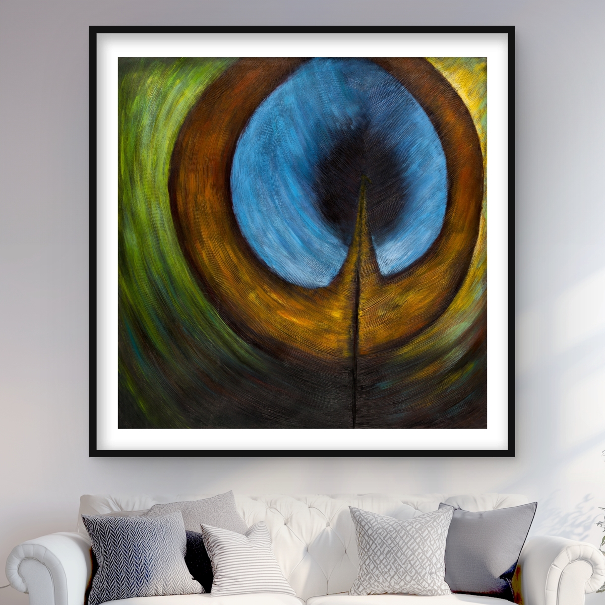 C1FM4848OMVBOW 48 x 48 in. Peacock Feather Center - Framed Matted Print for Home Decor
