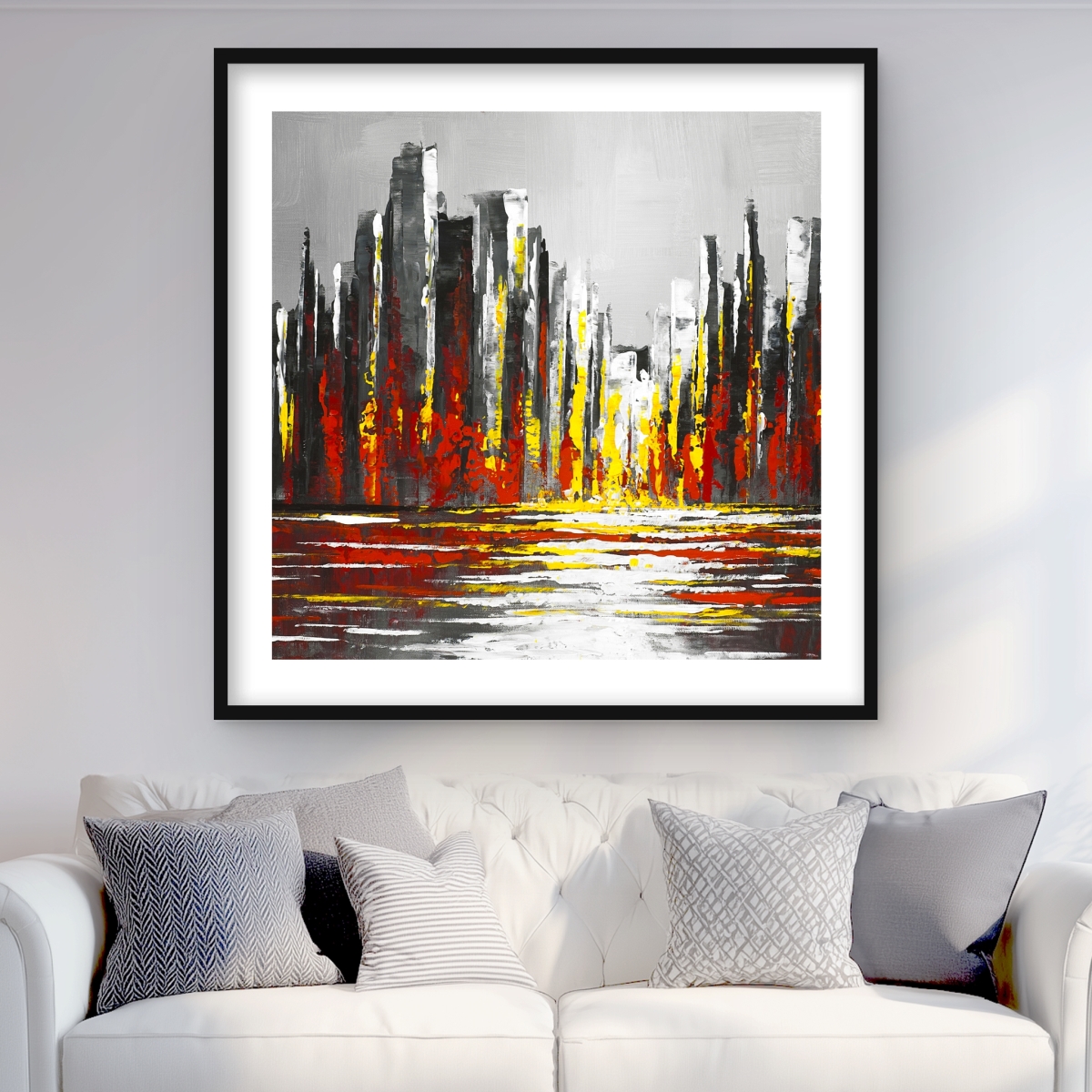 C1FM3636ZAHJLE 36 x 36 in. Abstract Red Skyline - Gray Office Framed Matted Print Decor