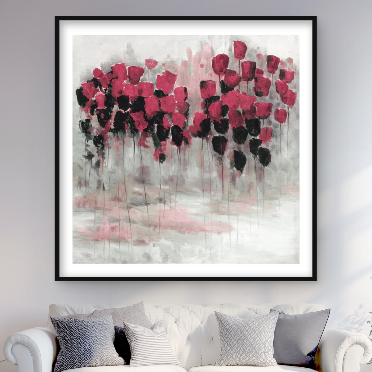 C1FM4848KM73W9 48 x 48 in. Pink Black Flowers Field - Floral Office Framed Print Decor