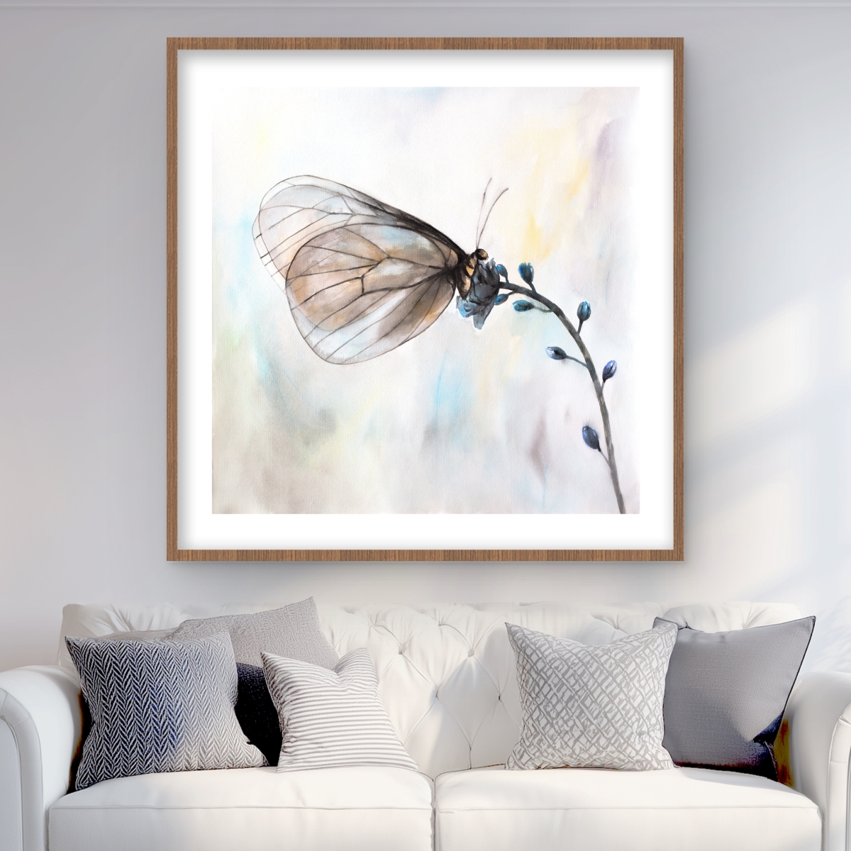 C1FM3636C2TDN7 36 x 36 in. Butterfly on Blue Flowers - Romantic Bedroom Framed Print