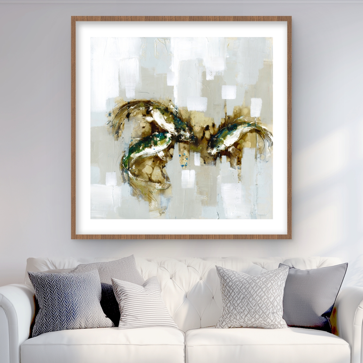 C1FM3636ELSUYH 36 x 36 in. Three Abstract Koi Fish - Framed Matted Print for Home Decor