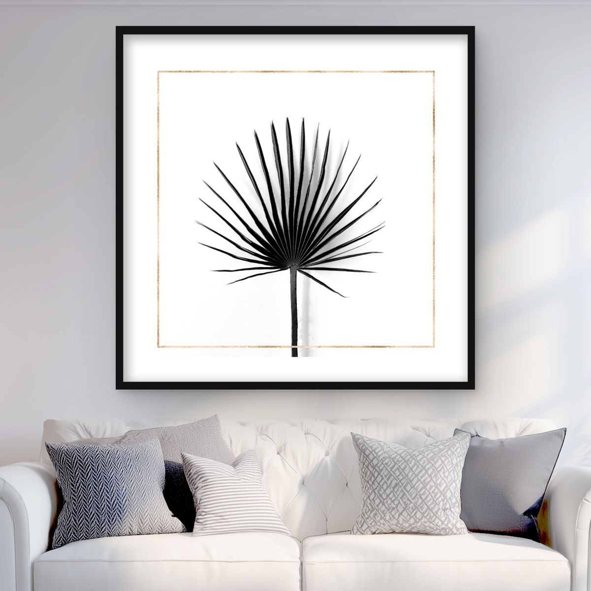 C1FM3636DBDO2N 36 x 36 in. Cabbage Palm Leaf with Gold Lines - Black Framed Print Decor