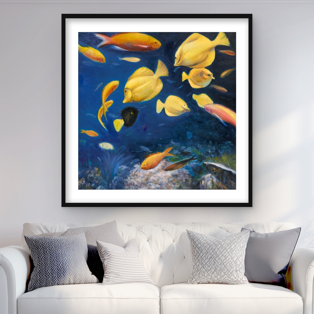 C1FM3636NZ1CVX 36 x 36 in. Fish Under the Sea - Classic Blue Livingroom Framed Print