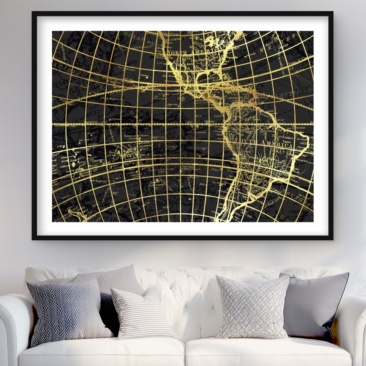 C1FM36482RX4UF 36 x 48 in. Black & Marine World Map Globe - Modern Framed Print Decor