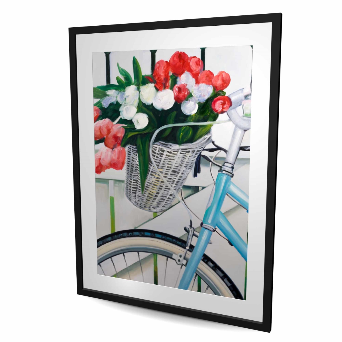 C1FM3648LFPON5 36 x 48 in. Bicycle with Tulips - Romantic Blue Framed Matted Print