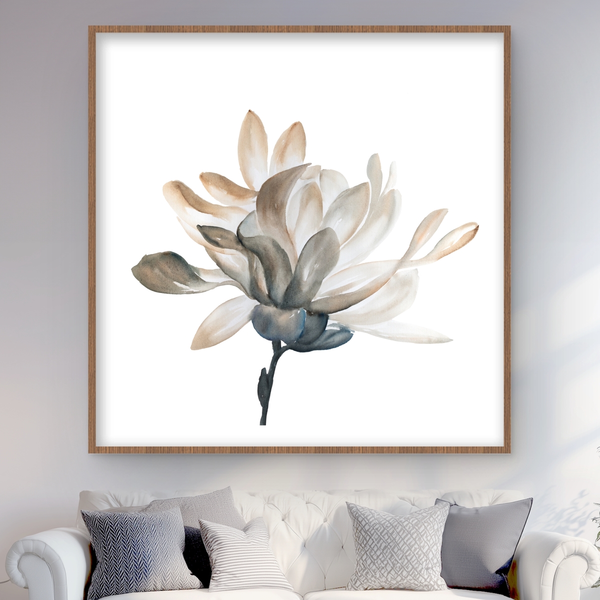 C1FM4848O2R1VB 48 x 48 in. Softness - Flowers Beige Framed Matted Print for Home Decor