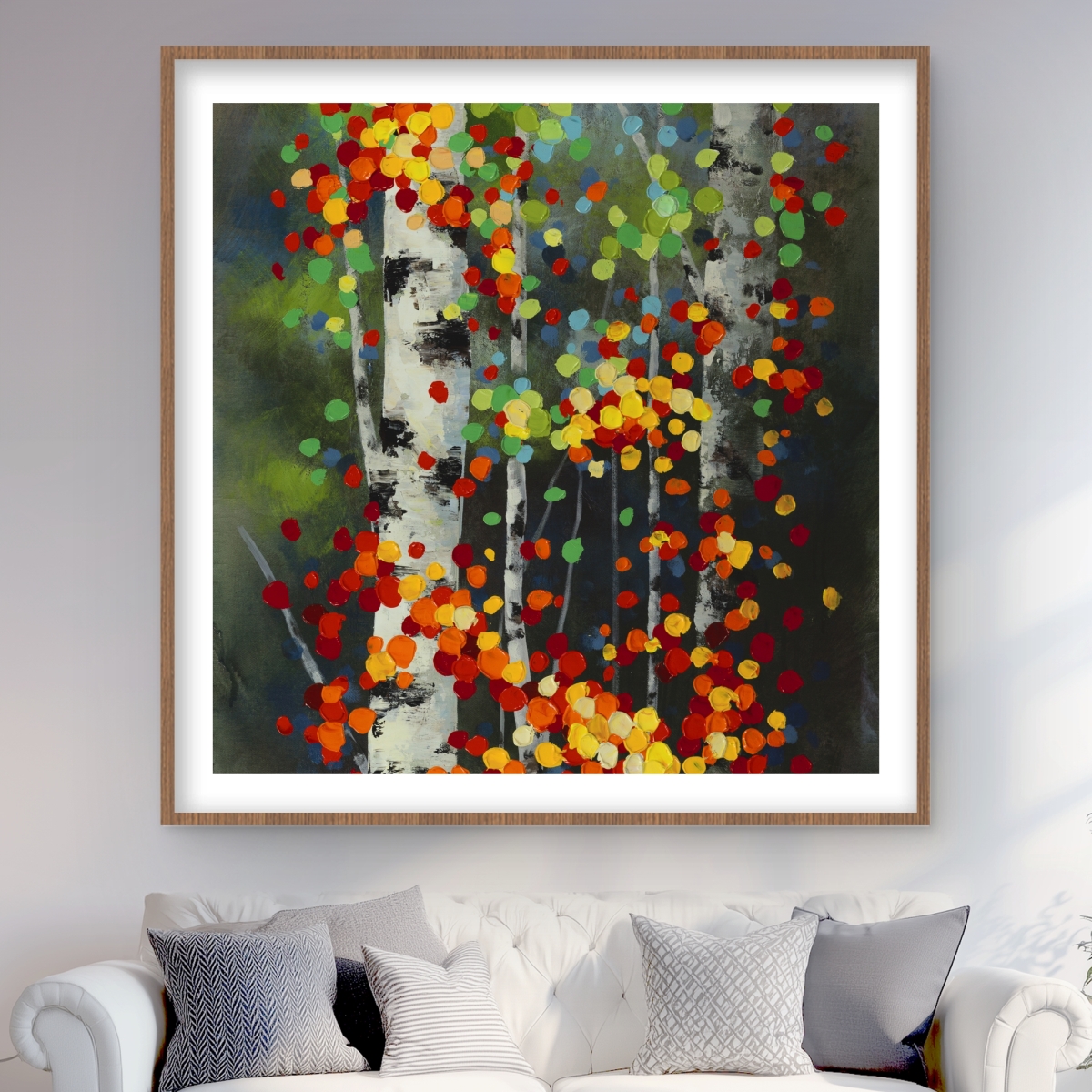 C1FM4848OND742 48 x 48 in. Colorful Dotted Leaves Birches - Framed Matted Print Decor