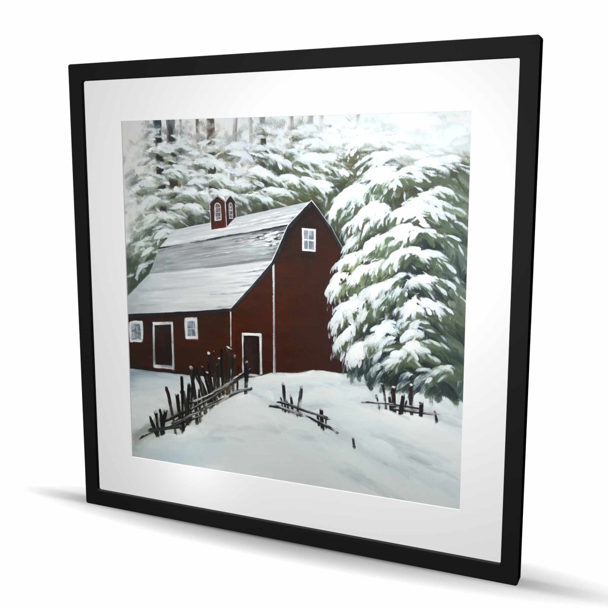 C1FM3636CKLCIT 36 x 36 in. Red Barn in Snow - Trees Seasons Framed Matted Print Decor