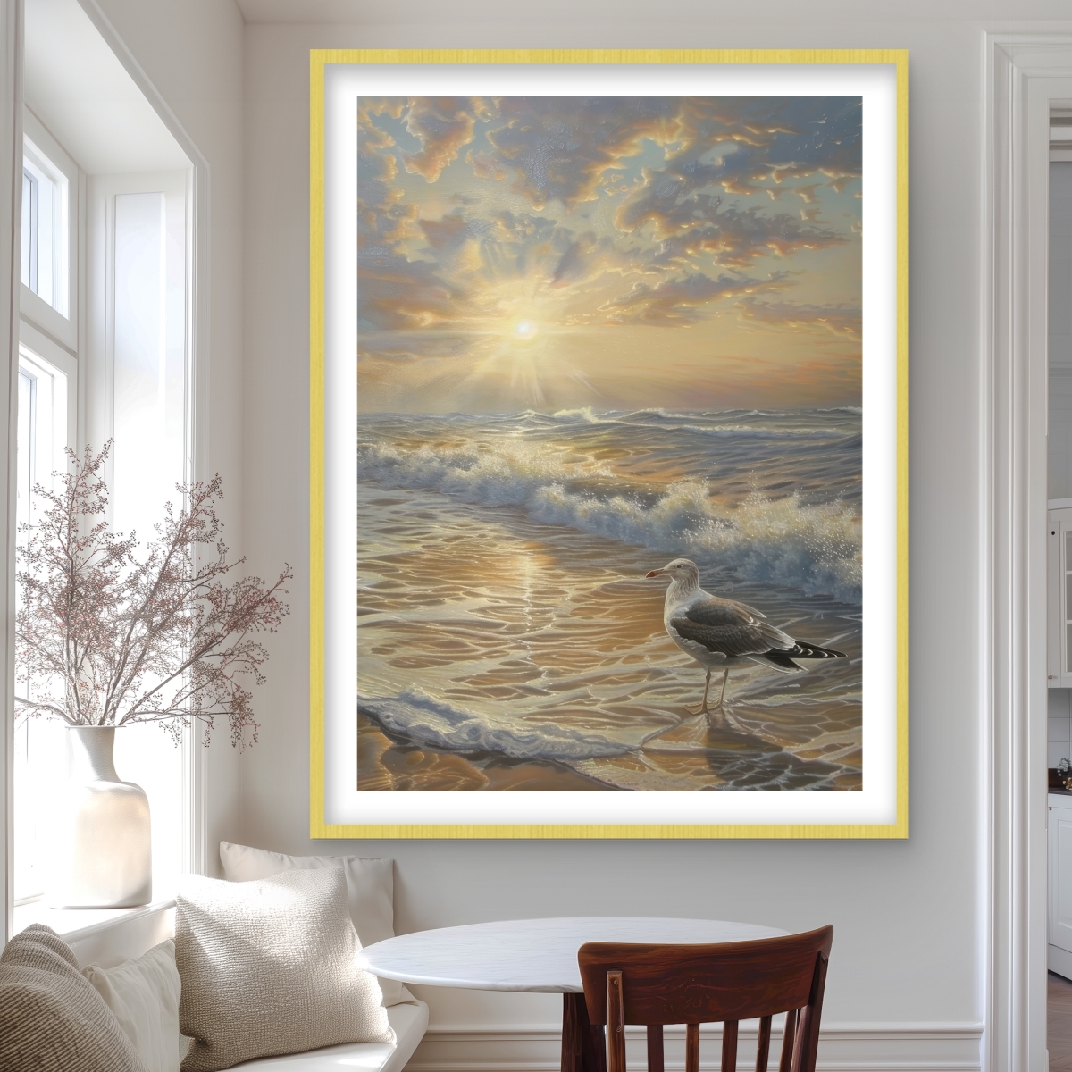 C1FM3648AVT2FW 36 x 48 in. Seagull on the Beach - White Framed Matted Print for Decor