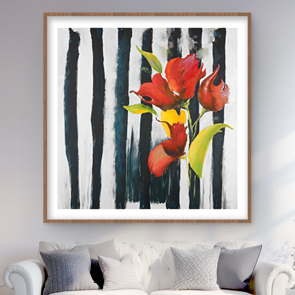 C1FM48489OWK6X 48 x 48 in. Flowers on Black & White Stripes - Yellow Floral Print