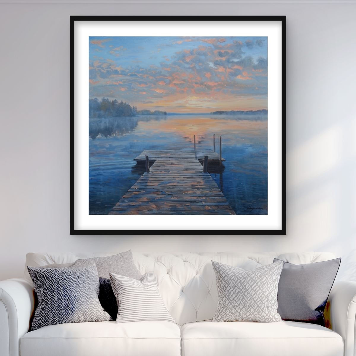 C1FM363693YNQH 36 x 36 in. Calm Dock - White Framed Matted Print for Home Decor
