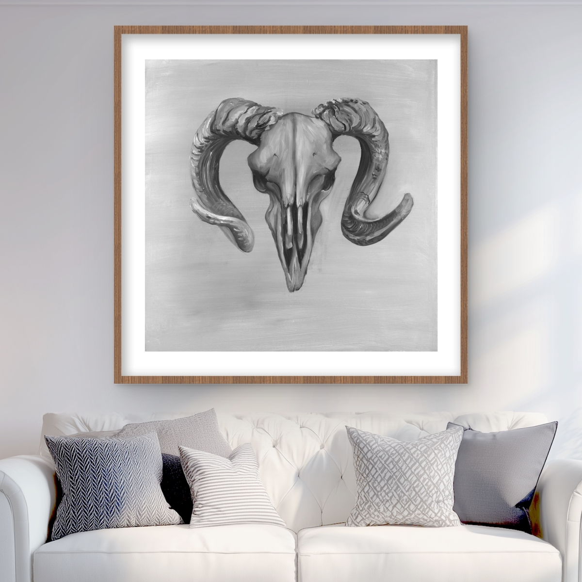 C1FM36369MEDVW 36 x 36 in. Grayscale Aries Skull - Framed Matted Print for Home Decor