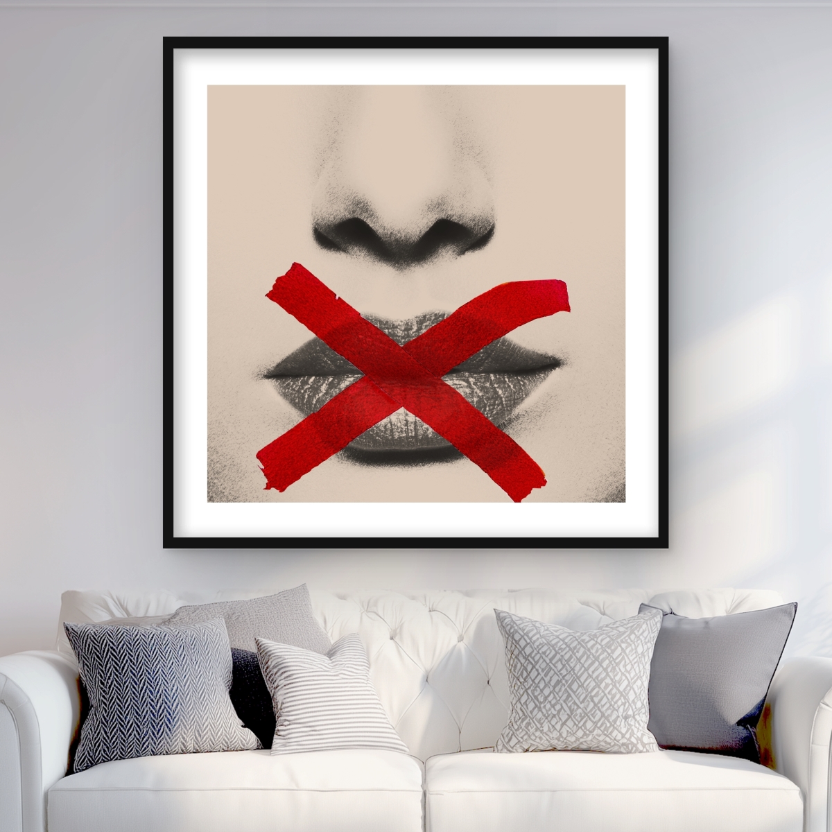 C1FM36369XZ4MR 36 x 36 in. Grayscale Lips with Red X - Gray Office Framed Matted Print
