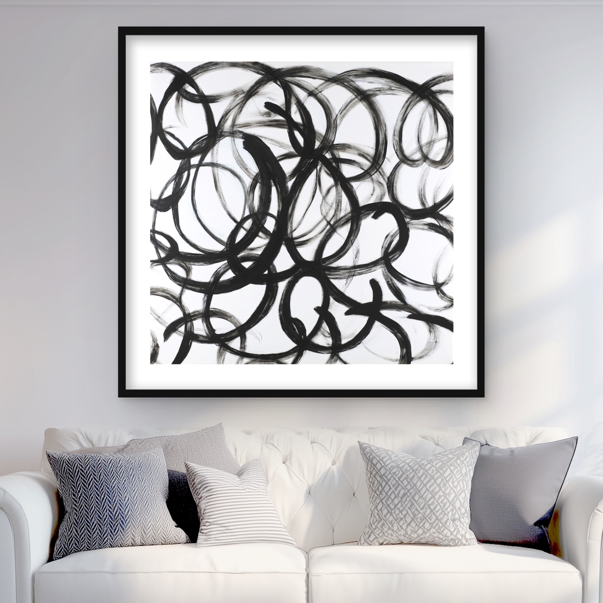 C1FM3636FTLWHE 36 x 36 in. Abstract Curly Lines Print - Black Framed Matted Home Decor
