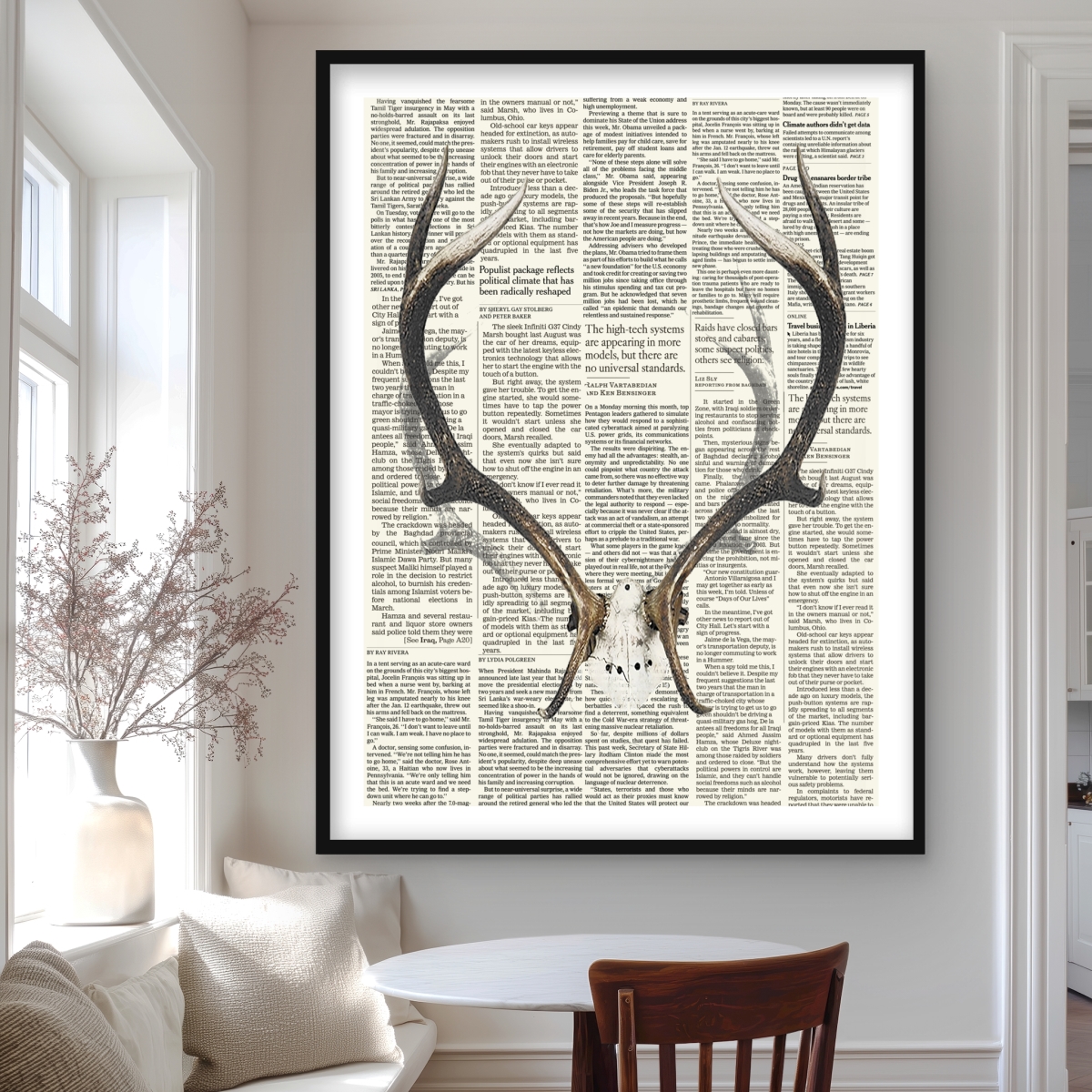 C1FM3648X1BPDZ 36 x 48 in. Deer Horns with  spaper - Framed Matted Print for Decor