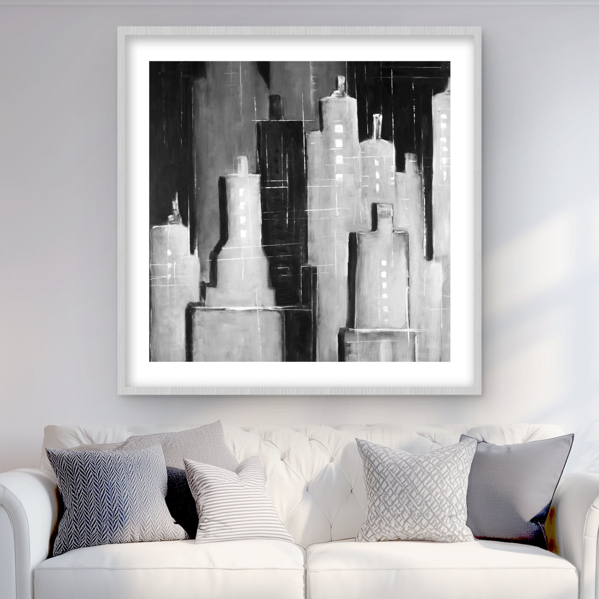 C1FM3636GNM75R 36 x 36 in. Abstract Black & White Cityscape - Framed Matted Print