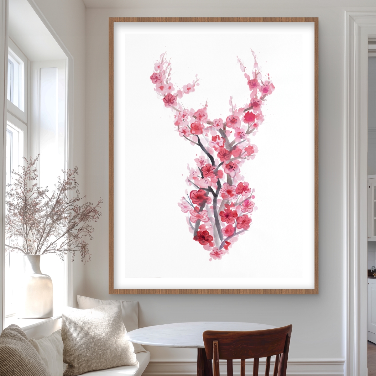 C1FM3648KBQDPL 36 x 48 in. Deer in Cherry Blossoms - Pink Framed Matted Print Decor