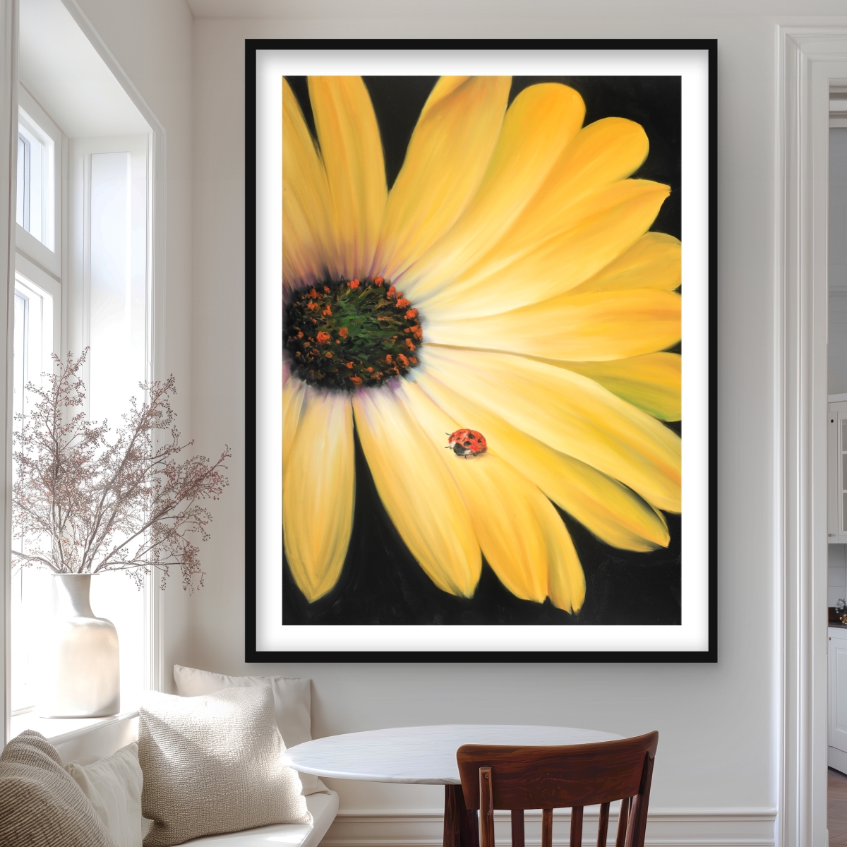 C1FM36488NJ9D7 36 x 48 in. Yellow Daisy & Ladybug - Framed Matted Print - Home Decor