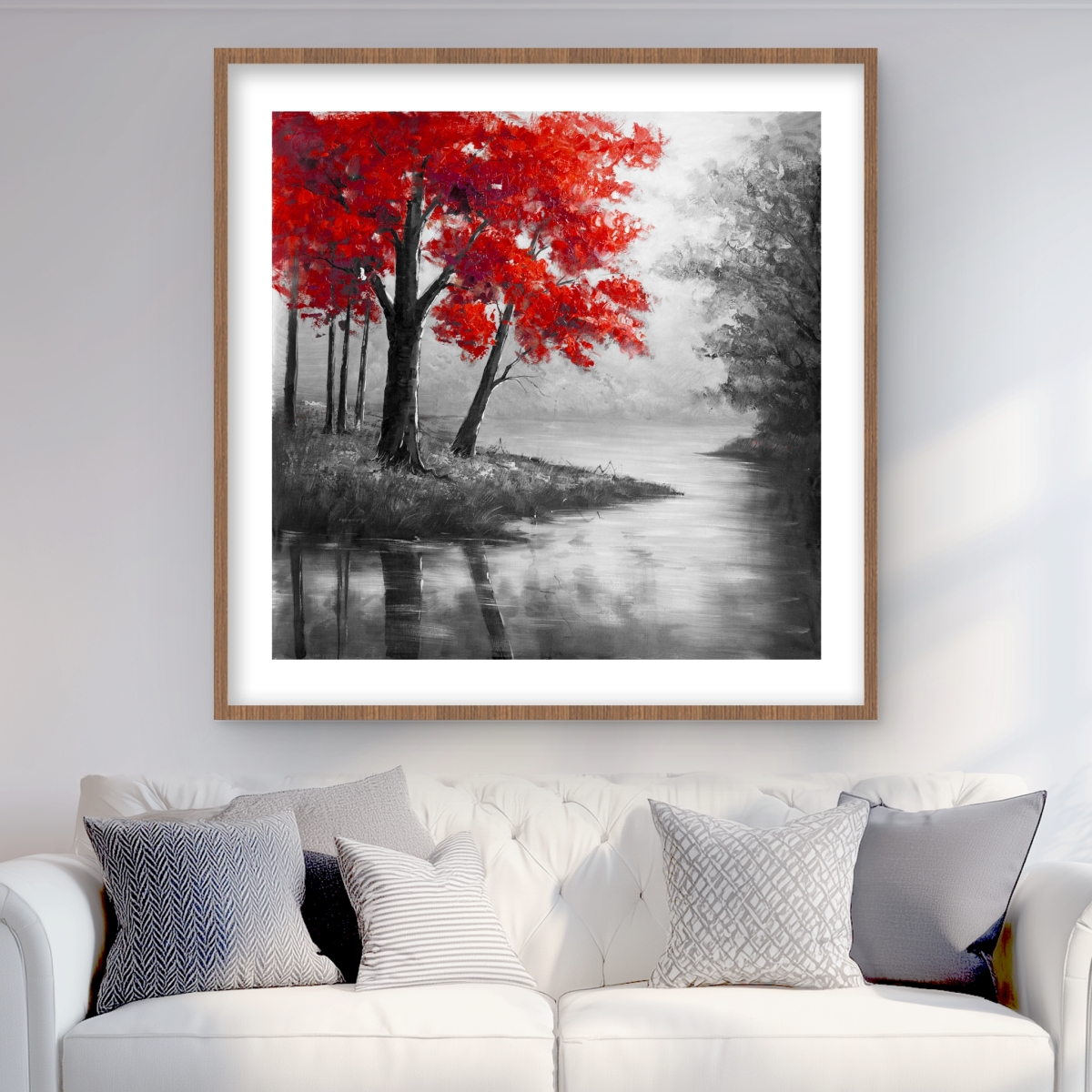 C1FM3636C7TFCL 36 x 36 in. Red Trees & Lake - Framed Matted Print for Home Decor