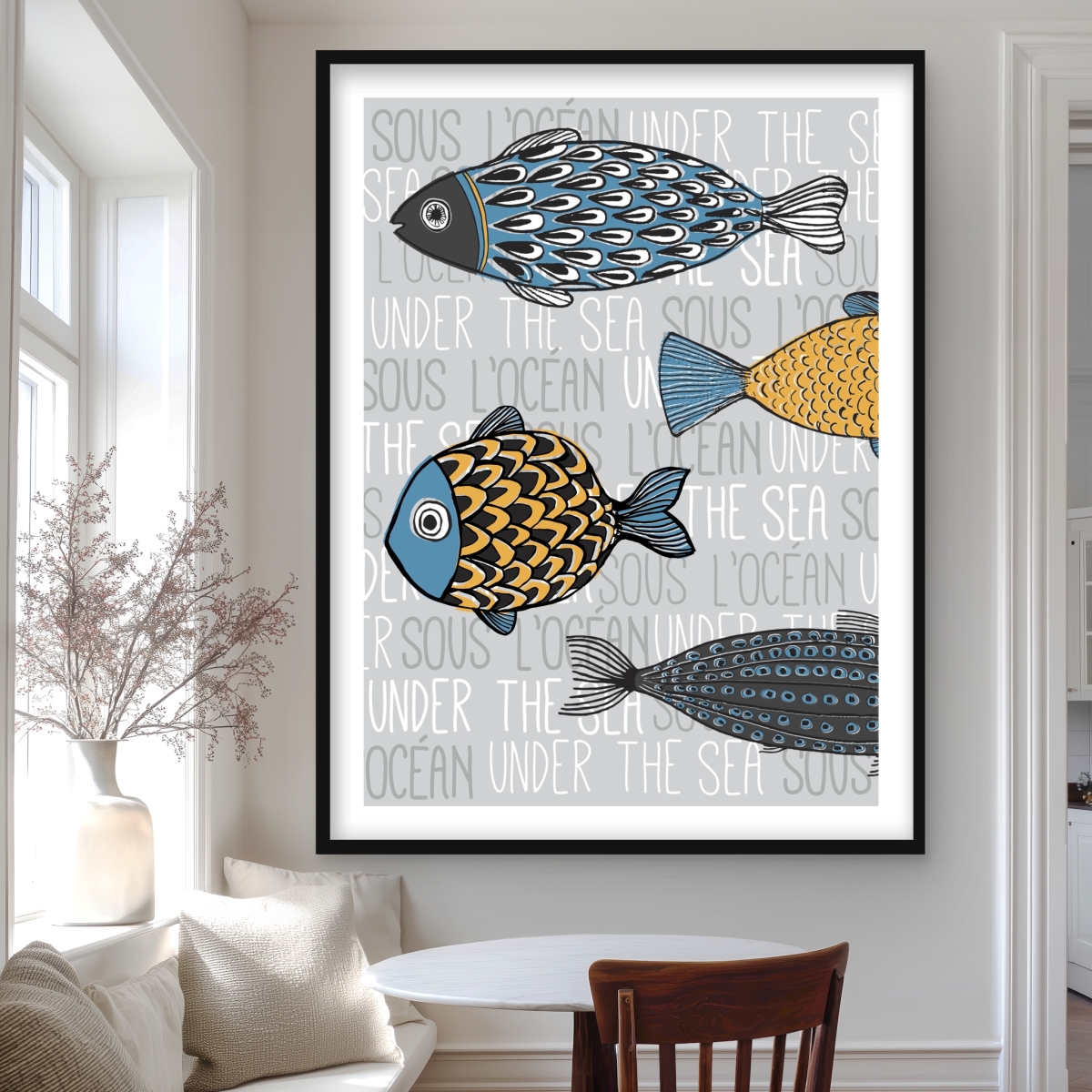C1FM3648FRURYY 36 x 48 in. Nautical Fish Illustration - Turquoise Framed Matted Print