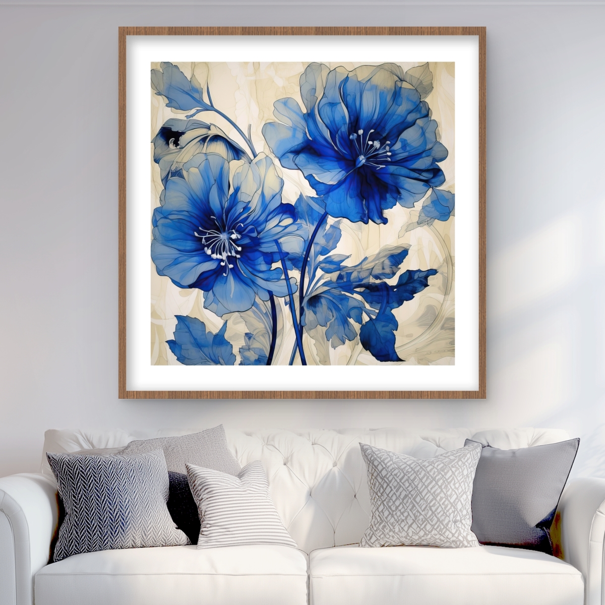 C1FM3636XW5IWT 36 x 36 in. Blue Flowers - Black Floral Botanical Framed Print for Decor