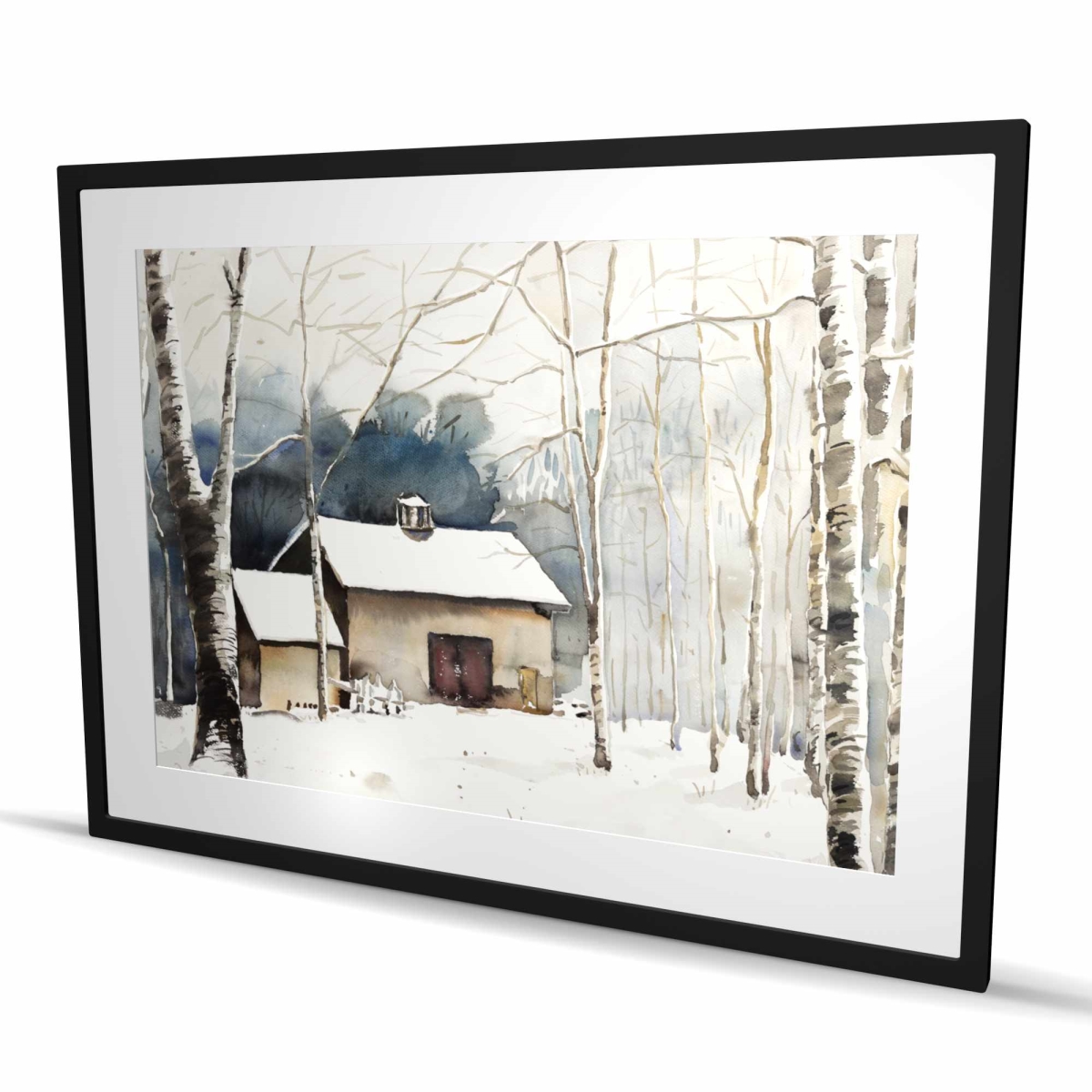 C1FM3648UA72FA 36 x 48 in. Small Winter Barn - Scandinavian White Framed Matted Print