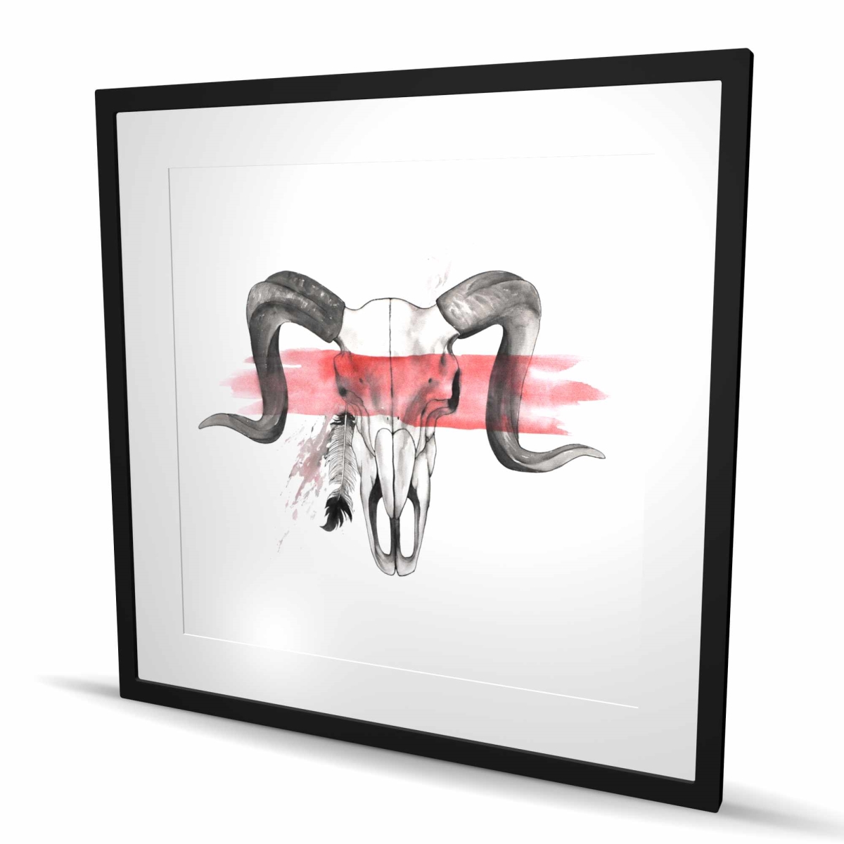 C1FM3636IK2M8K 36 x 36 in. Aries Skull with Feather - Red Framed Matted Print for Decor