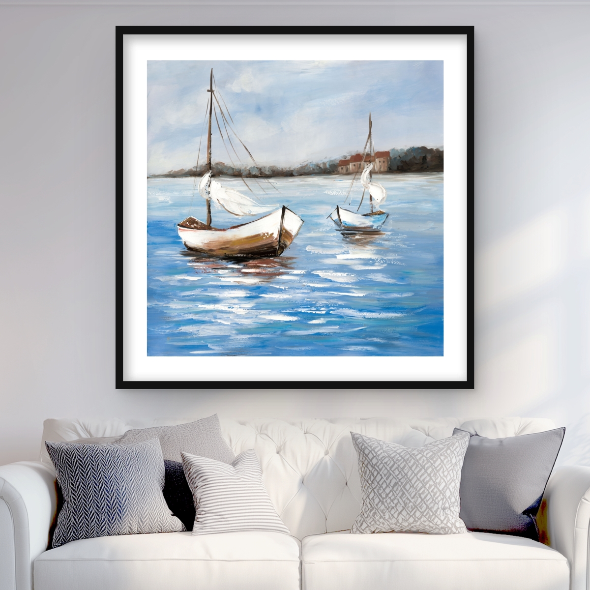 C1FM3636IW9DMI 36 x 36 in. Two Boats on the Water - White Coastal Framed Print Decor