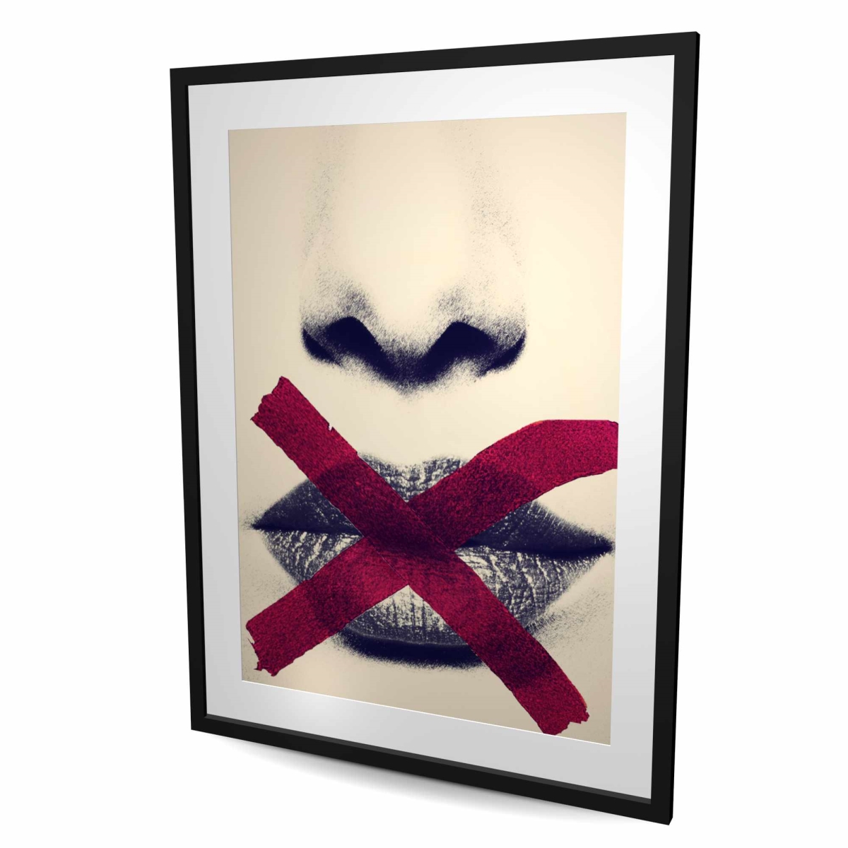 C1FM3648OEXC4K 36 x 48 in. Grayscale Lips with Red X - Modern Framed Matted Print Decor