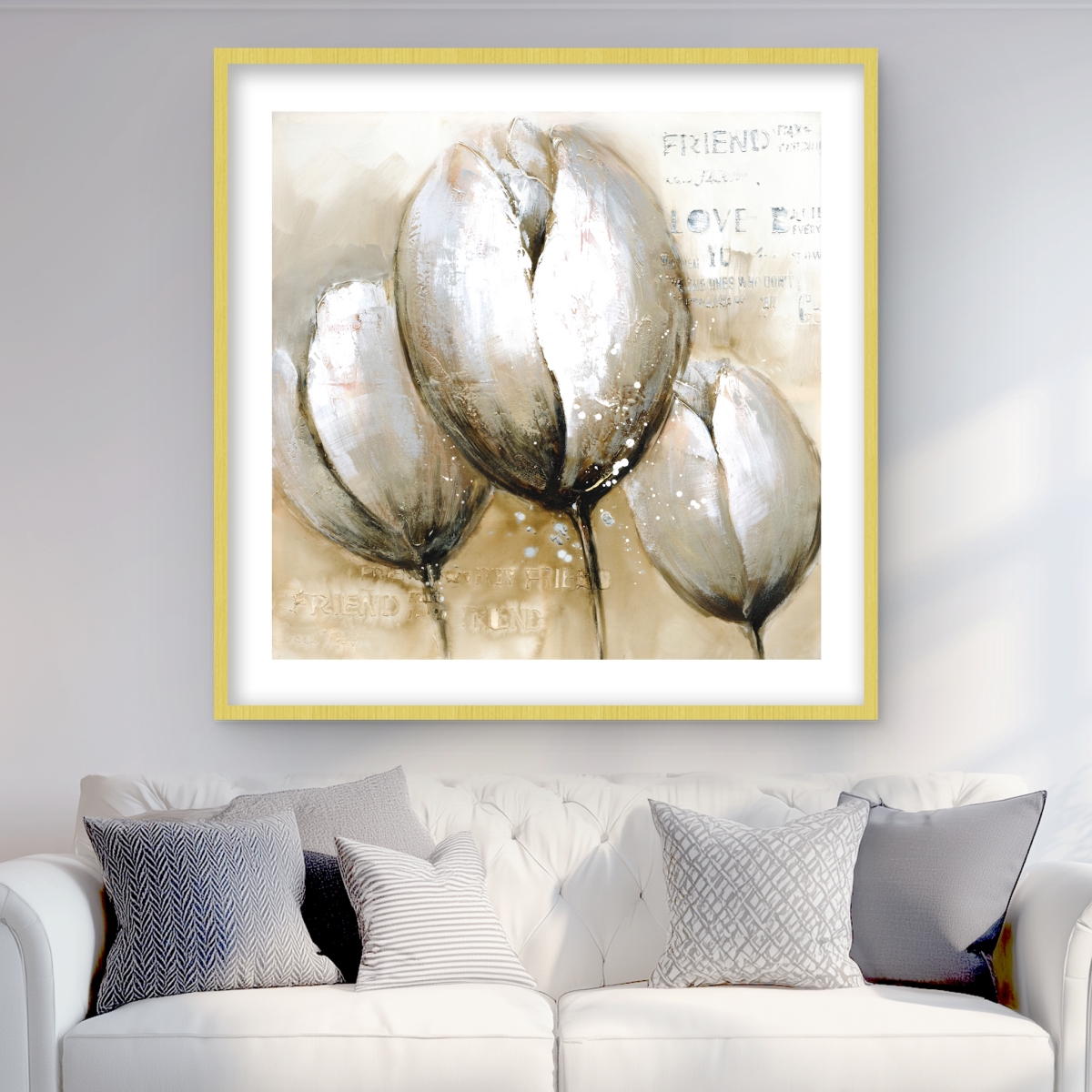 C1FM3636VPN3OI 36 x 36 in. Three Tulips with Typography - Botanical Framed Print Decor