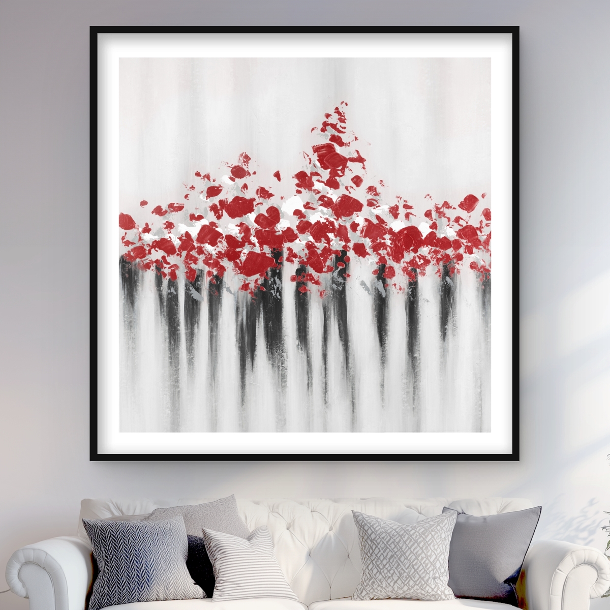 C1FM4848DZUXQ6 48 x 48 in. Falling Red Dot - Contemporary Red Framed Matted Print Decor
