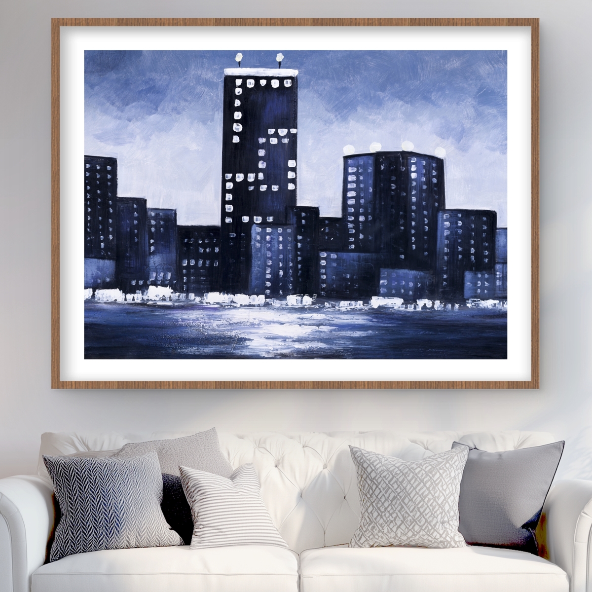 C1FM3648TC2RSE 36 x 48 in. Dark Blue Cityscape - Blue Office Framed Matted Print Decor