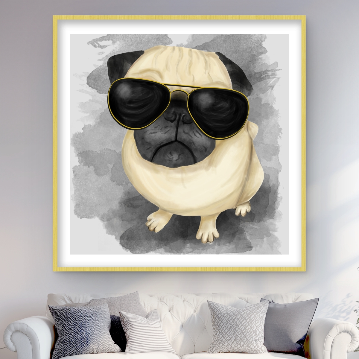 C1FM48487L3UDZ 48 x 48 in. Pug with Style - Framed Matted Print for Bedroom Dog Decor
