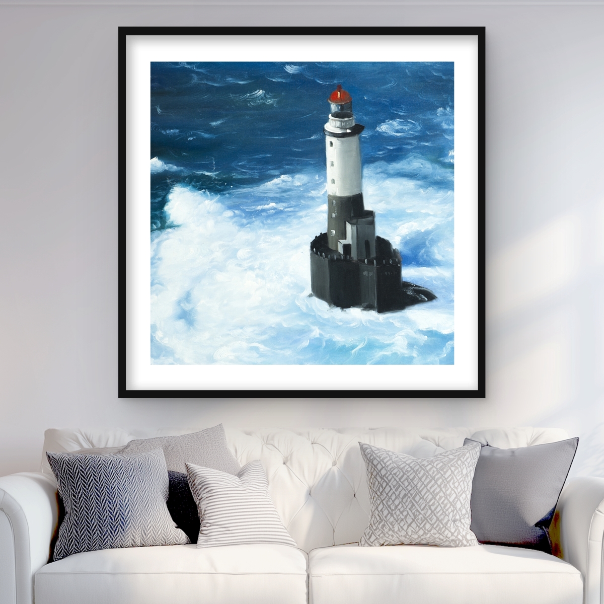 C1FM3636T1JJQY 36 x 36 in. Unleashed Waves on A Lighthouse - Hyperrealist Framed Print