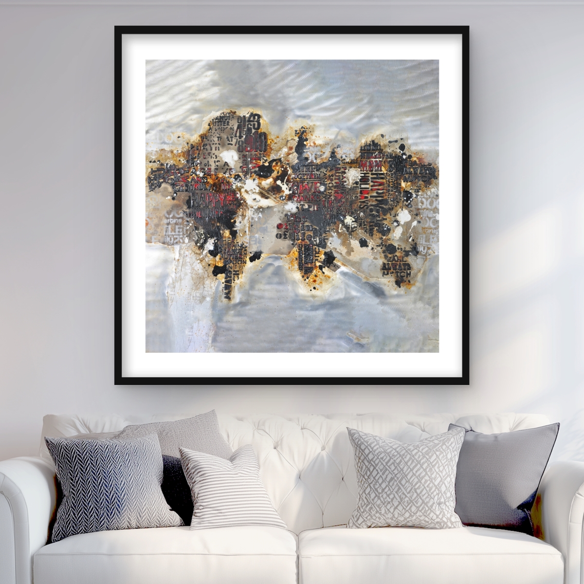 C1FM3636U6UYF0 36 x 36 in. Texturized World Map with Typography - Brown Framed Print