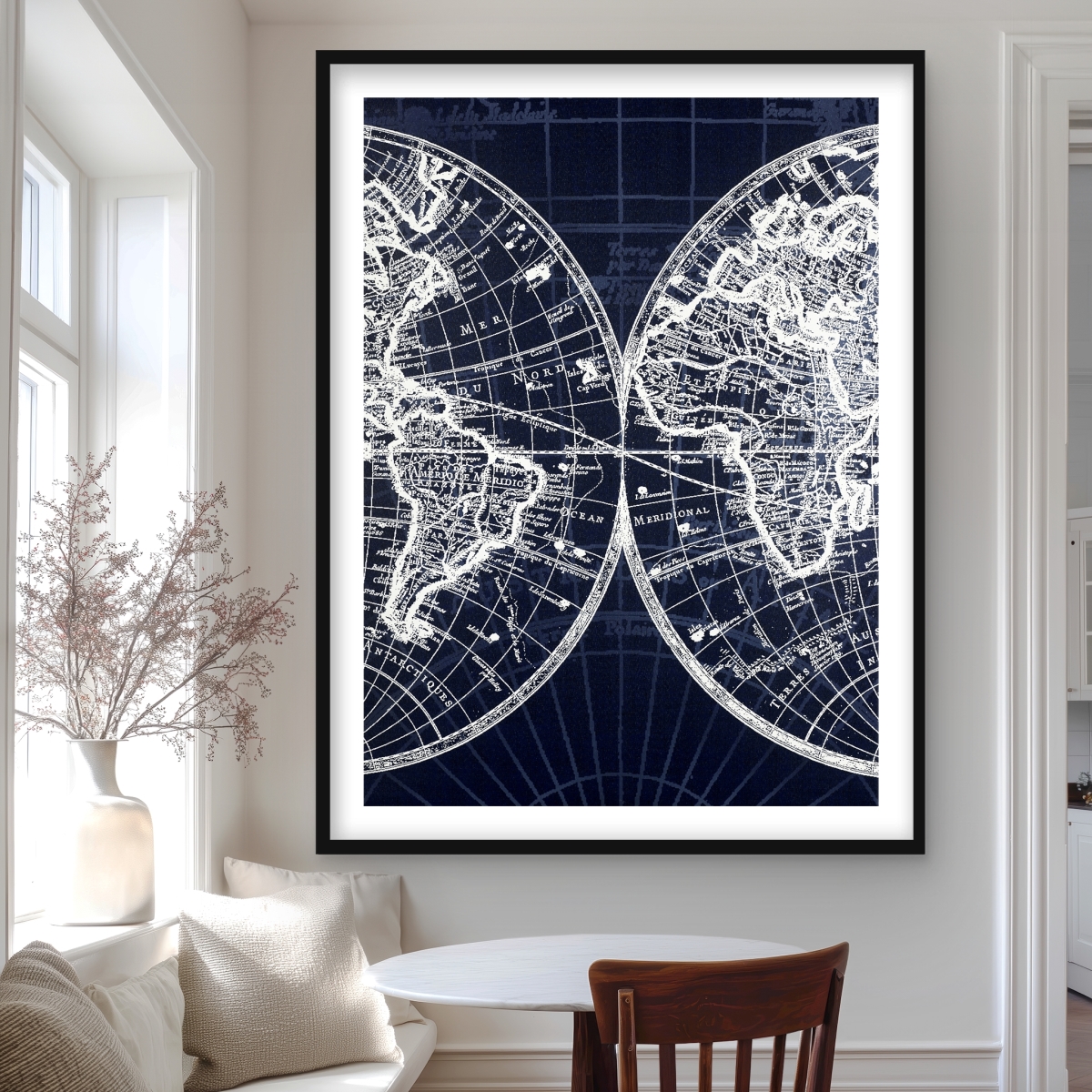 C1FM36487ND9MF 36 x 48 in. World Map Blue Print - Satellite View Office Framed Print
