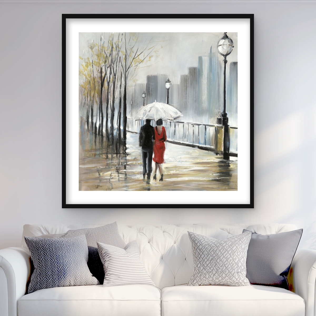 C1FM3636O1BQLM 36 x 36 in. Couple Walking Under the Rain - Romantic Framed Print Decor
