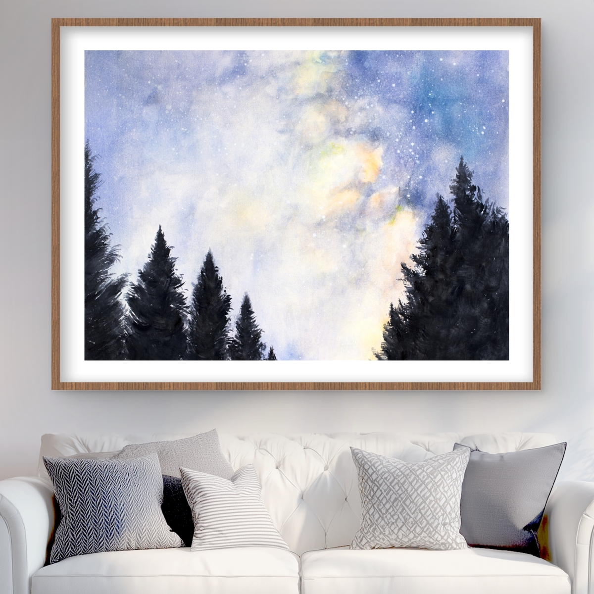 C1FM3648BTNTC8 36 x 48 in. Starry Sky in Forest - Blue Trees Framed Matted Print Decor
